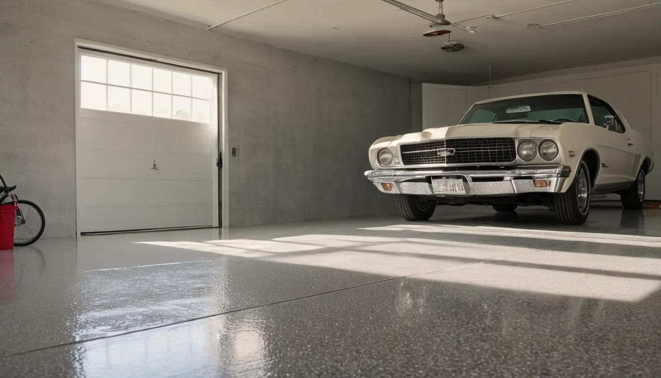 Garage in the St. Petersburg area with a freshly coated gray flake epoxy floor and an open door