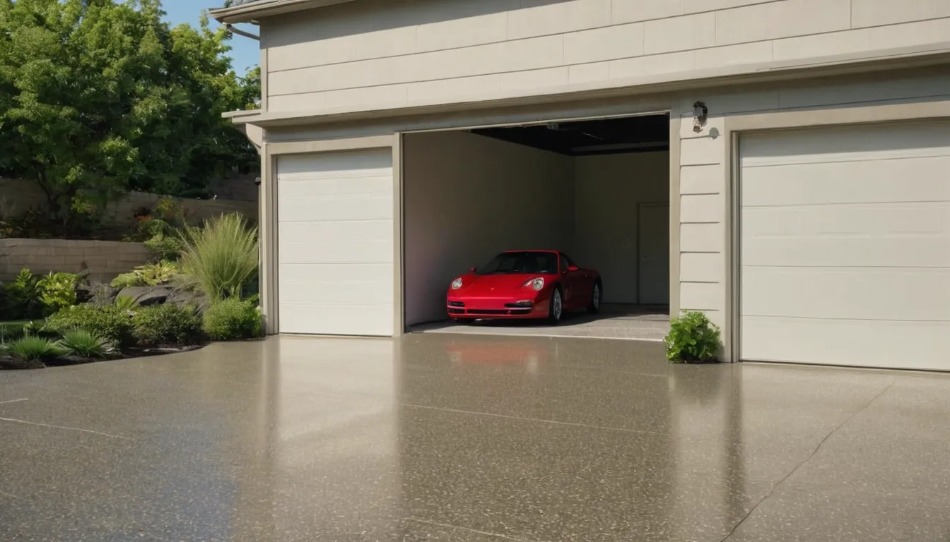 Garage with a freshly coated polyaspartic floor with gray and tan flakes in a St. Petersburg home